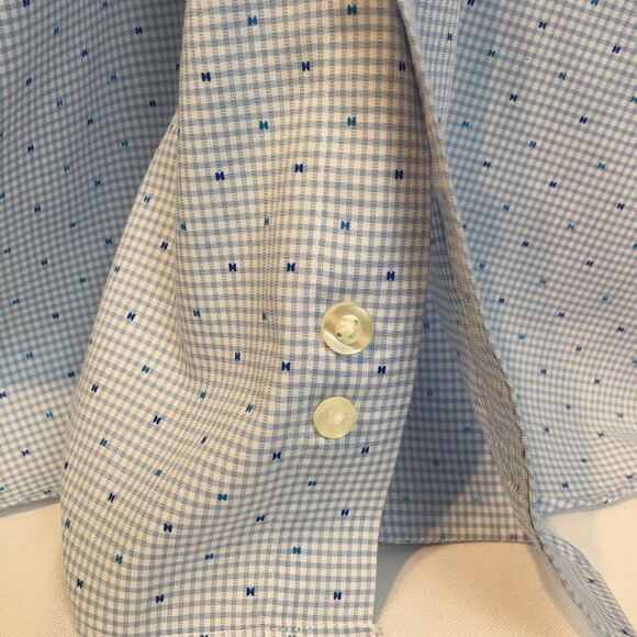 Mens Tommy Hilfiger Blue H-Print Preppy Dress Shirt 17.5 L Collared Button - Picture 5 of 9